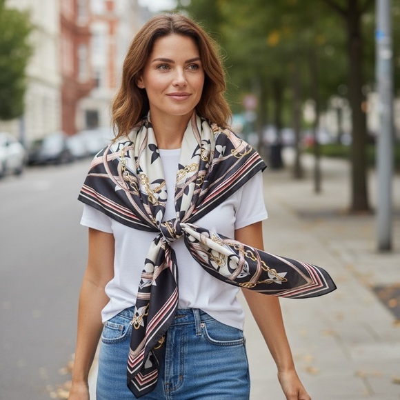 Elegant Black pink and White luxury 100%silk Scarf wrap neck tie 34x34 NEW